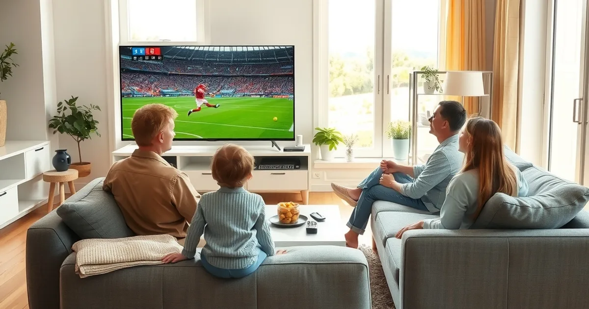 Une famille regarde un match de football dans un salon lumineux, ambiance chaleureuse en pleine journée