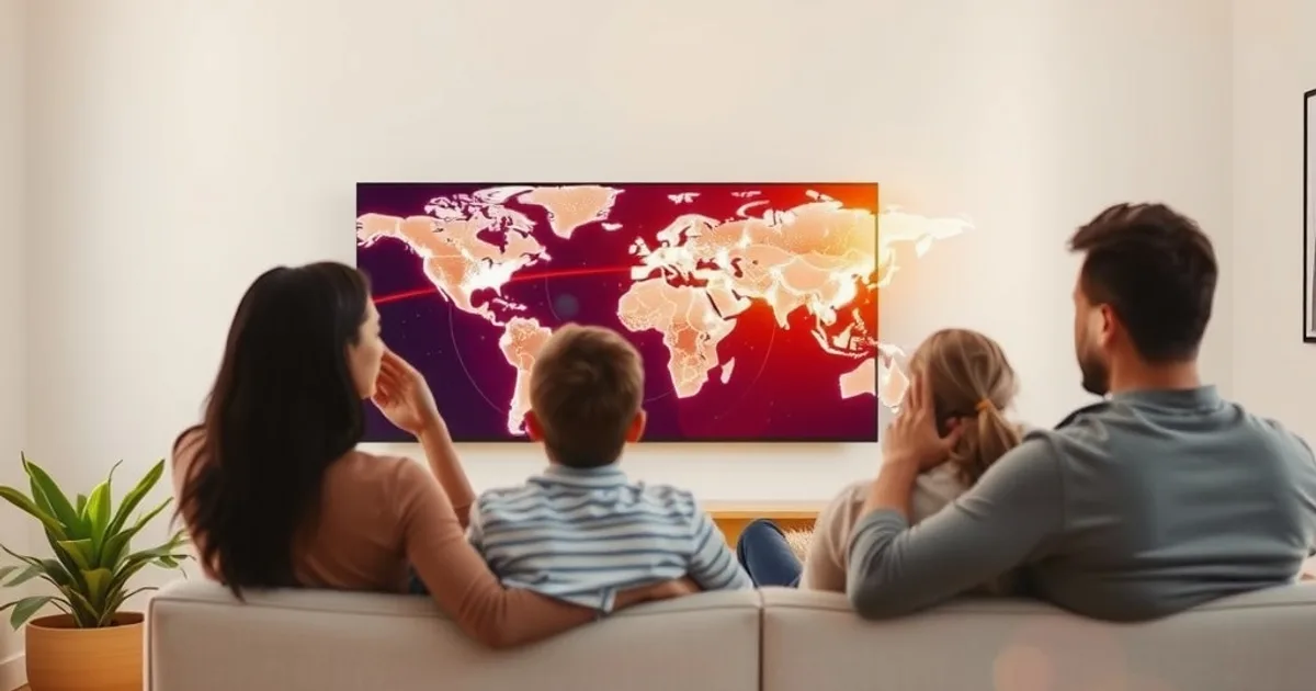 Famille dans un salon lumineux regardant une télévision affichant une carte du monde avec des connexions lumineuses entre plusieurs pays européens