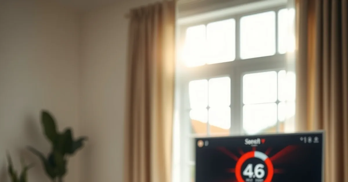 Une personne compare la qualité d'image de son téléviseur avec son téléphone dans un salon lumineux, en pleine vérification de flux IPTV