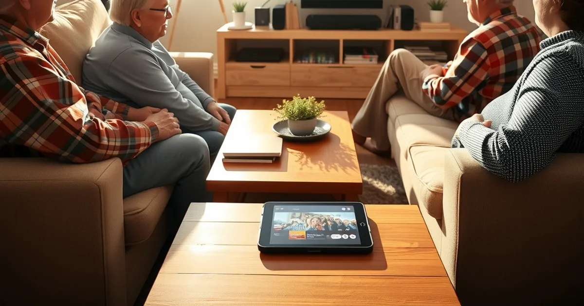Famille de plusieurs générations réunie dans un salon lumineux en train de regarder la télévision ensemble, avec une tablette et un smartphone posés sur la table basse