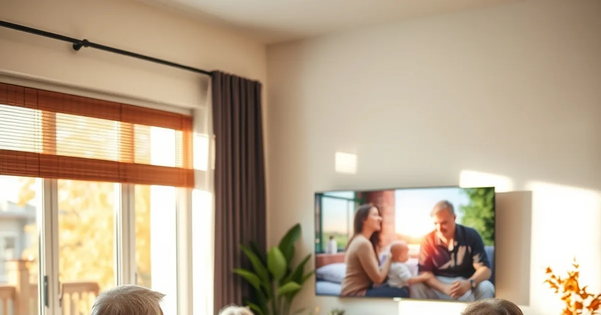 Famille de la diaspora réunie dans un salon lumineux, en train de choisir un programme international à regarder légalement en streaming.