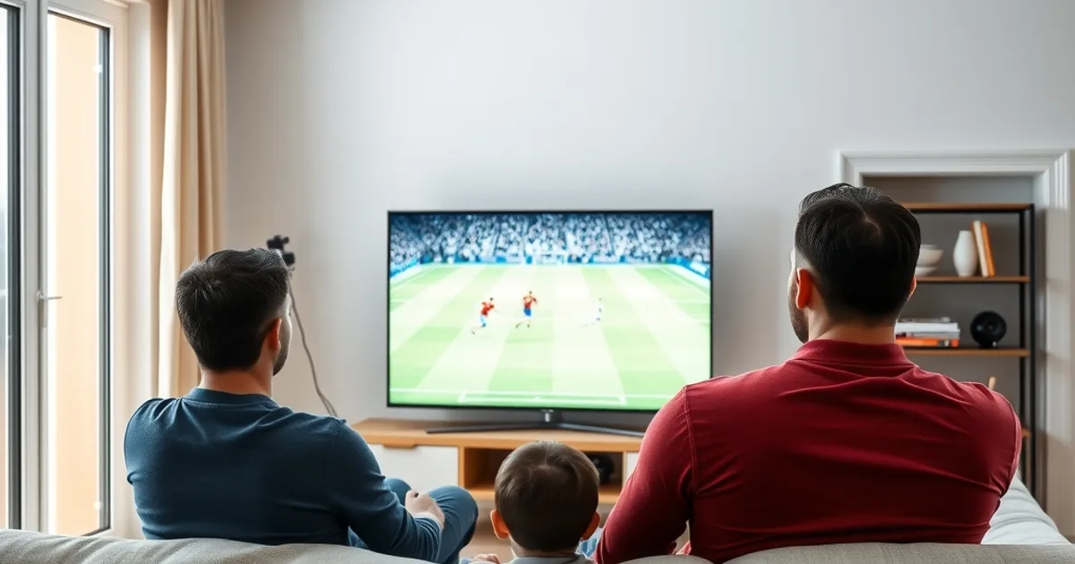 Famille installée dans un salon lumineux, câble Ethernet visible entre le boîtier TV et le routeur, regardant un match de football sur grand écran