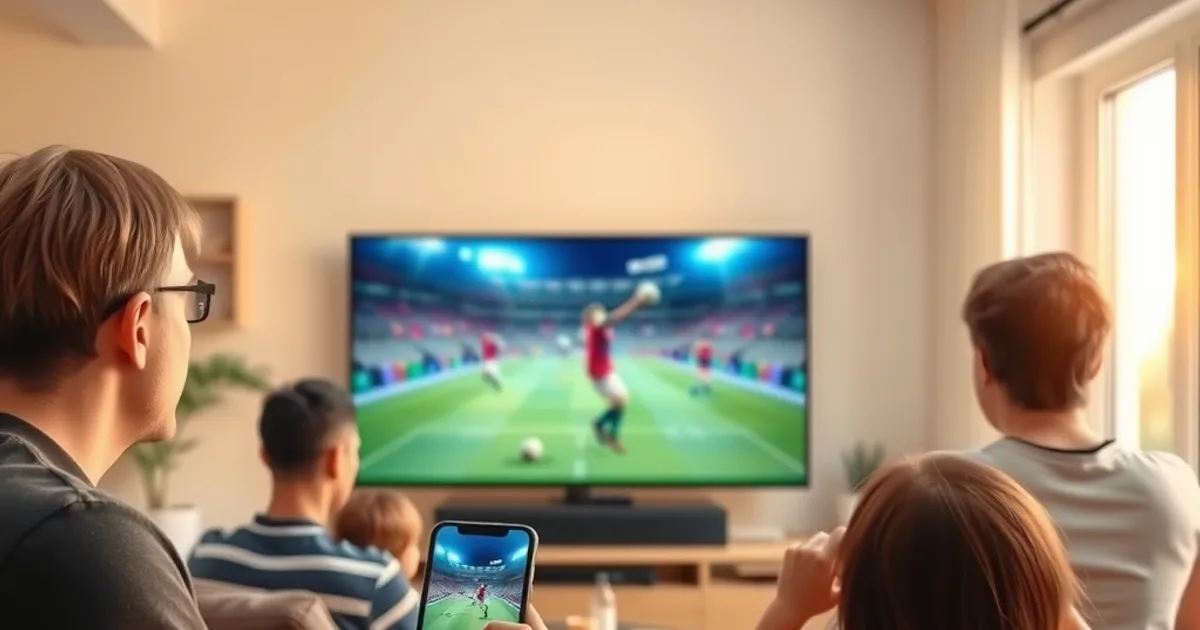 Famille regardant un match de football en direct dans un salon lumineux, une personne consultant son téléphone pendant une coupure de signal