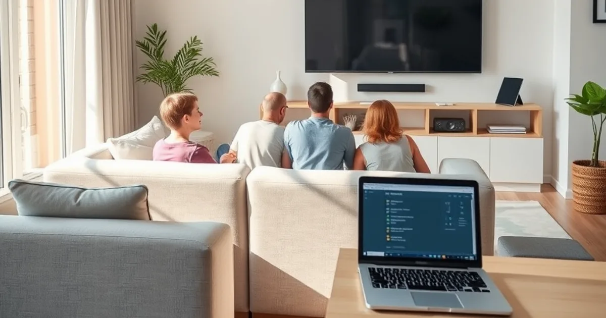 Famille dans un salon lumineux devant une Smart TV, avec un routeur et un ordinateur portable ouvert sur les réglages réseau à proximité