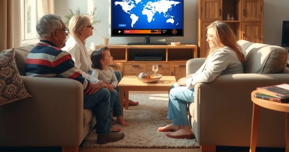 Famille multigénérationnelle réunie dans un salon lumineux devant une télévision affichant un guide de chaînes internationales