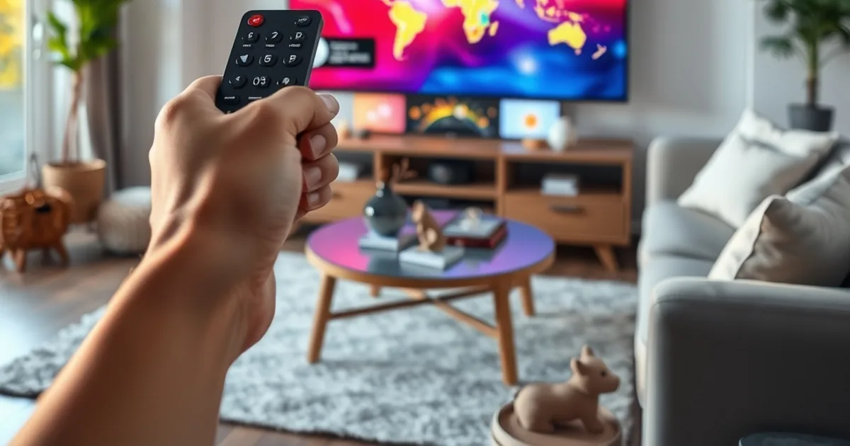 Une personne tient une télécommande dans un salon lumineux face à un téléviseur affichant une mosaïque de chaînes du monde