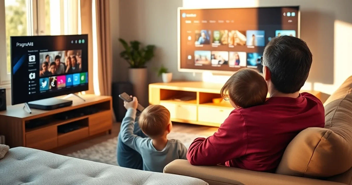 Un père et ses deux enfants configurent l'enregistrement sur un boîtier Android TV relié à un disque dur USB, dans un salon lumineux en fin d'après-midi