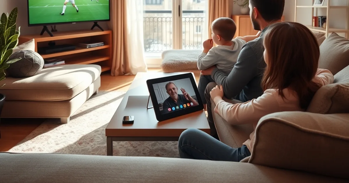 Famille réunie dans un salon lumineux devant la télévision, avec une tablette affichant un appel vidéo vers les grands-parents