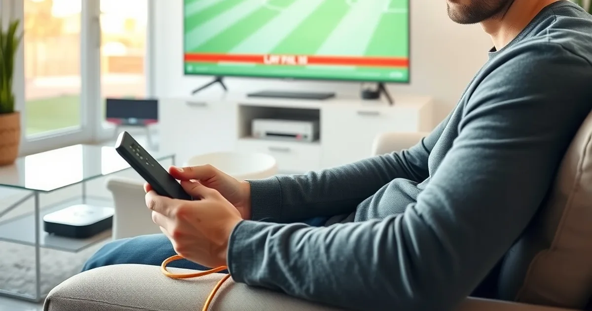 Un homme assis dans un salon lumineux regarde son téléphone d'un air agacé pendant qu'un match de football se fige à l'écran à cause d'un flux IPTV gratuit instable.