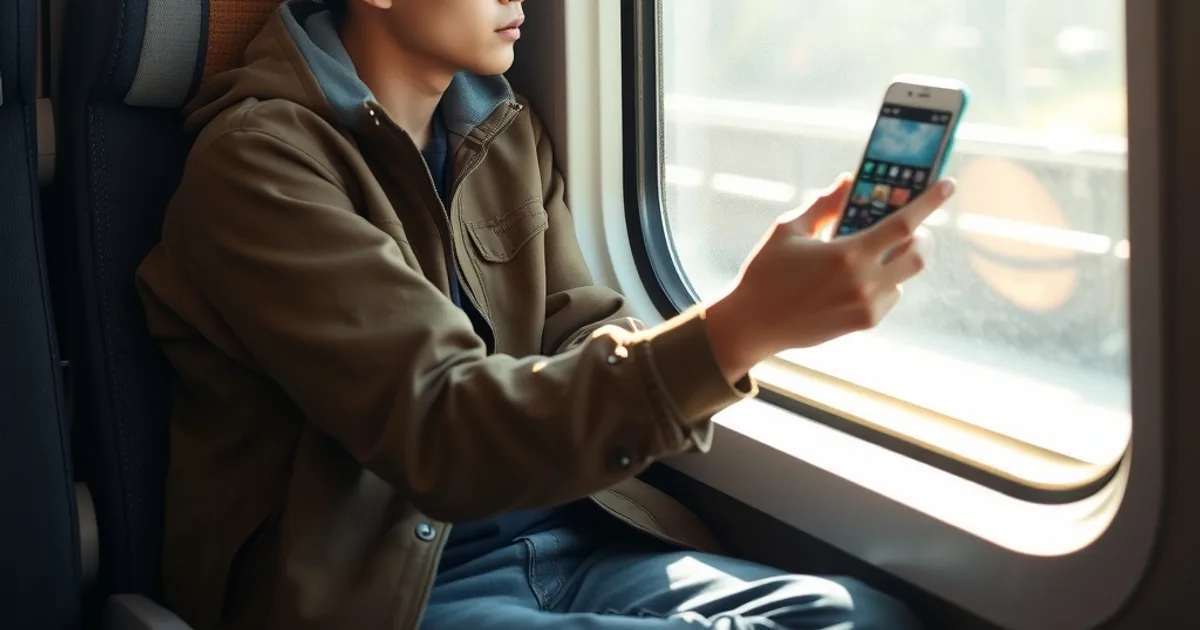 Jeune adulte assis dans un train, en pleine lumière du jour, en train de regarder l'IPTV sur son téléphone
