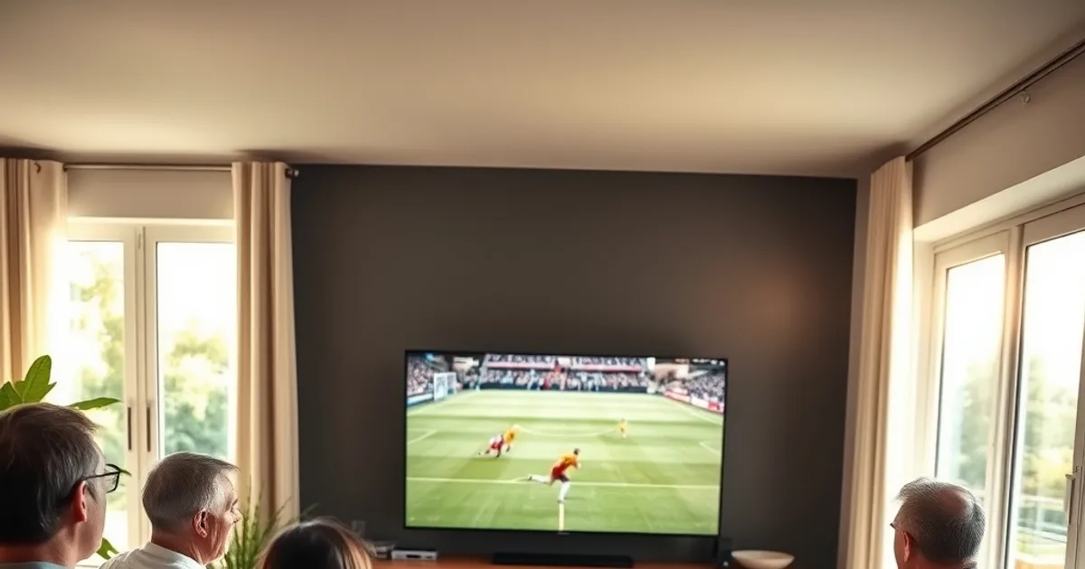 Famille regardant plusieurs matchs de football en simultané sur un téléviseur et une tablette dans un salon lumineux