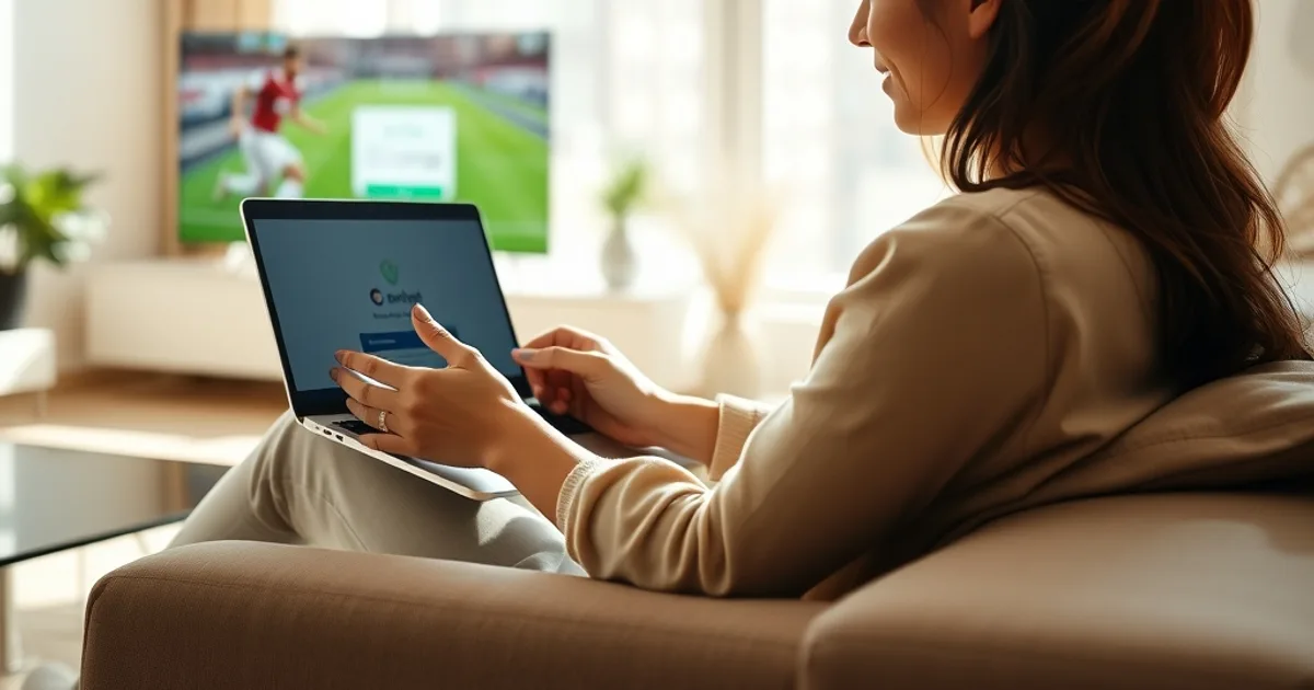 Une femme vérifie sur son ordinateur portable la fiabilité d'un service IPTV avant de s'abonner, dans un salon lumineux.