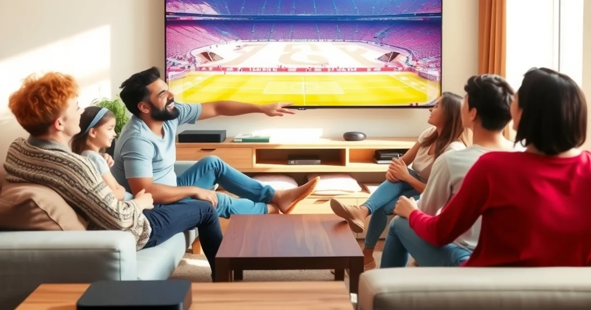 Famille regardant une compétition sportive en direct sur grand écran dans un salon lumineux, avec un boîtier de streaming posé sur la table basse
