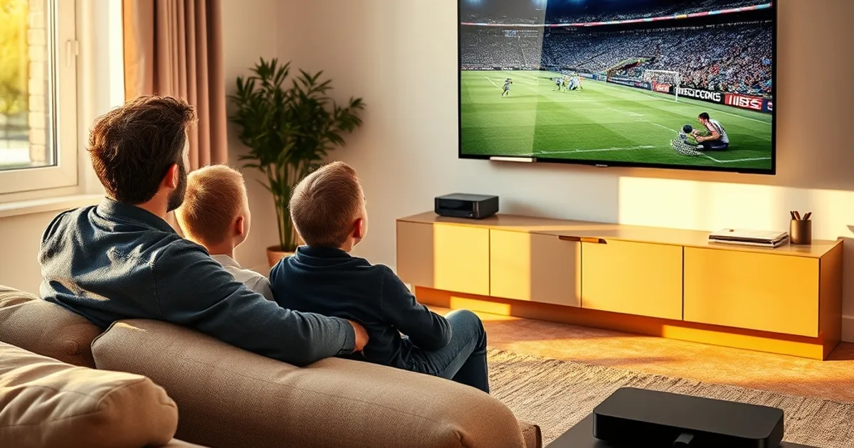 Famille installée dans un salon lumineux, regardant un match de Ligue 1 en direct sur une grande télévision connectée.