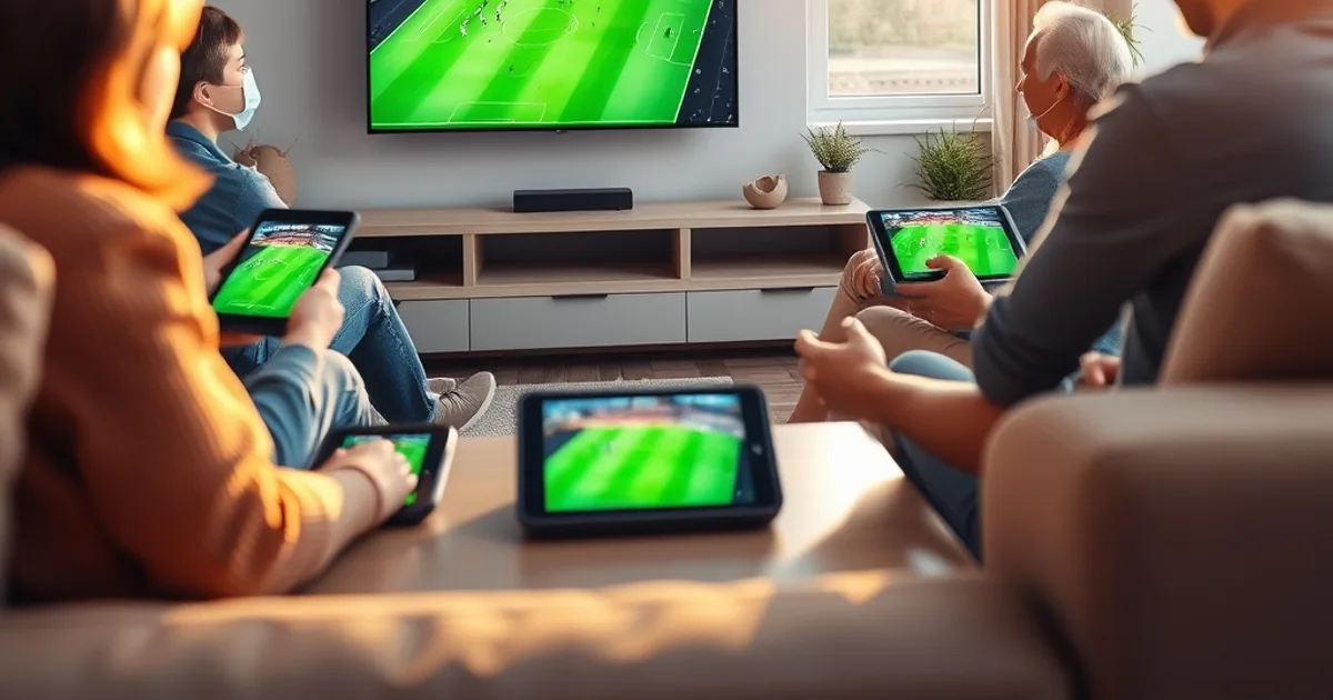 Famille réunie dans un salon lumineux en train de regarder un match de football sur une Smart TV, avec une tablette et un smartphone posés sur la table basse