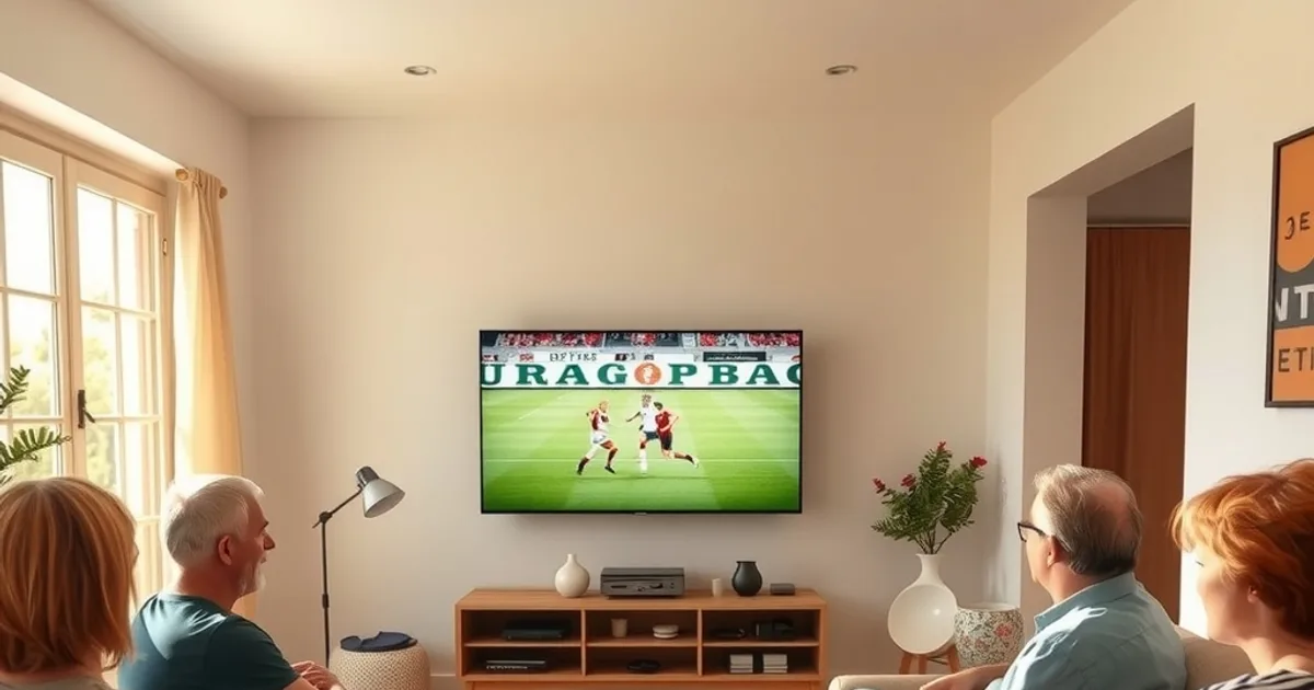 Un groupe d'amis regarde un match de football ensemble dans un salon lumineux, ambiance conviviale en fin d'après-midi