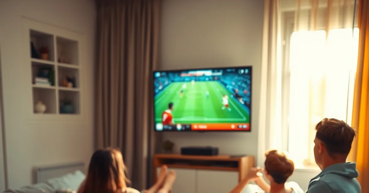 Une famille regarde un match de Ligue 2 en direct dans un salon lumineux, avec une tablette affichant le calendrier posée sur la table basse.