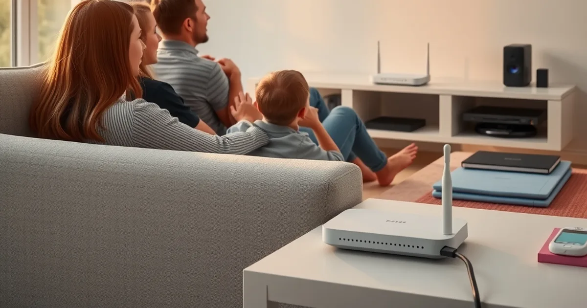 Famille installée dans un salon lumineux, regardant un match de football en direct sur une grande télévision 4K en fin de journée