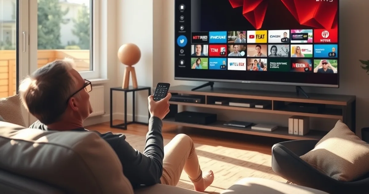 Une personne installée dans son salon lumineux consulte le guide des programmes sur grand écran pour choisir une chaîne parmi son bouquet IPTV international.