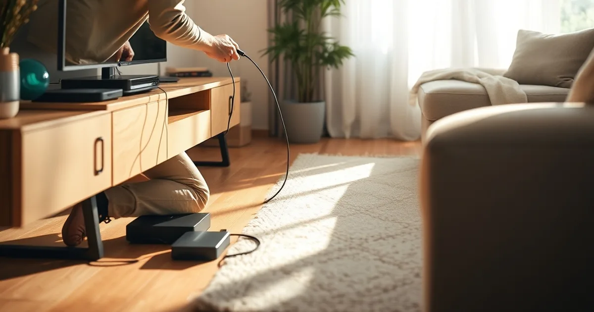 Une personne branche un câble Ethernet entre un routeur et un boîtier IPTV dans un salon lumineux