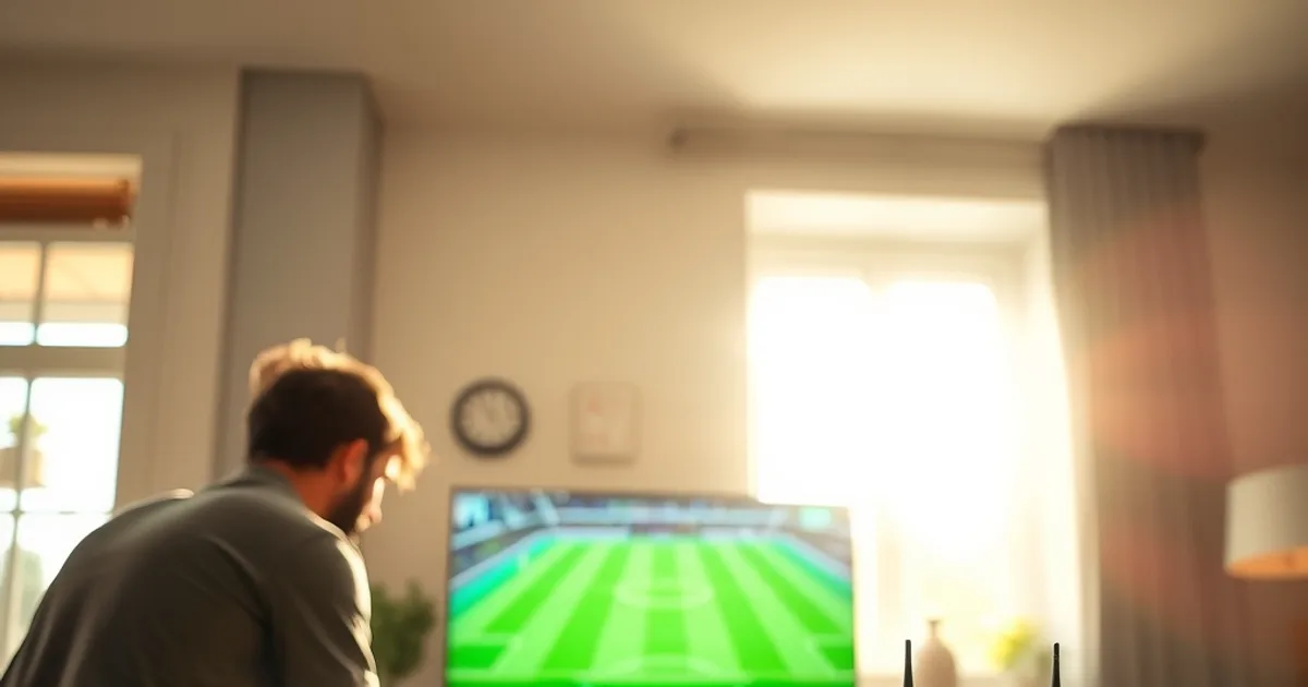 Une personne vérifie son routeur et ses câbles devant la télévision dans un salon lumineux, en préparation d'un match de Ligue 1.