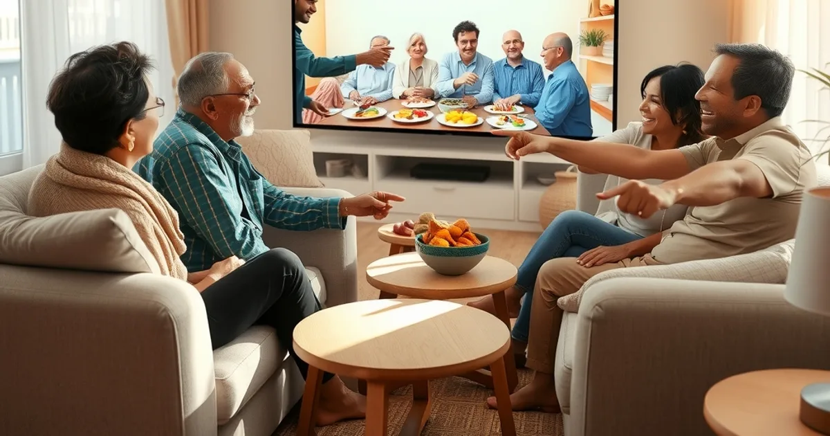 Une famille regarde ensemble une émission de concours culinaire en direct dans un salon lumineux, ambiance chaleureuse en fin d'après-midi