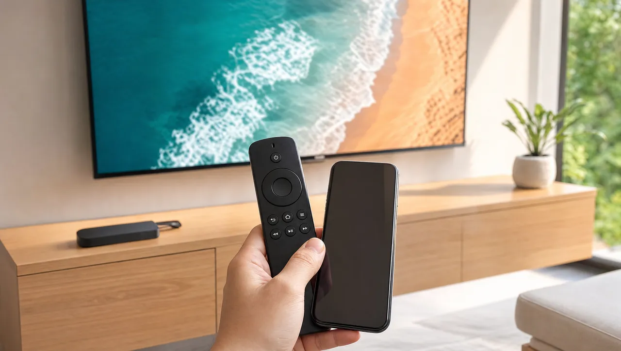 Télécommande devant un téléviseur, illustrant l’installation simple d’un IPTV monde sur Smart TV et Firestick