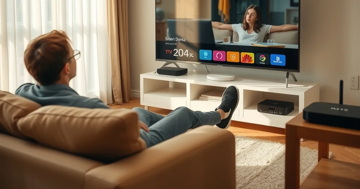 Une personne installée dans un salon lumineux regarde une série internationale sur une grande télévision connectée l'après-midi