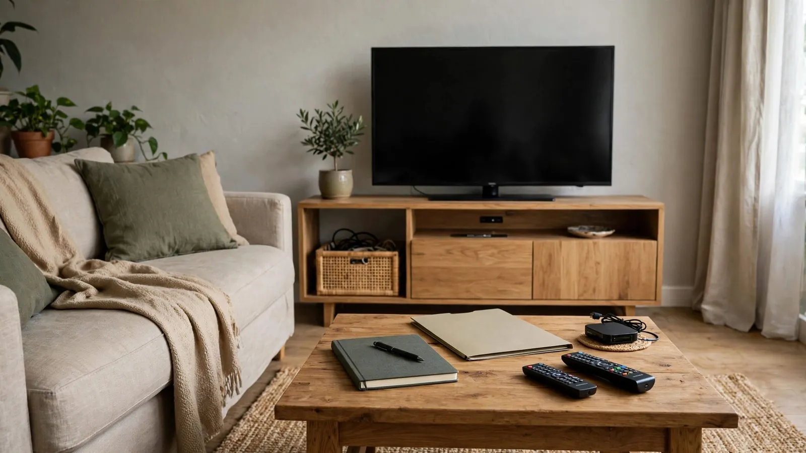 Vue d'un salon avec canapé, télévision éteinte et table basse en bois supportant des carnets et télécommandes.